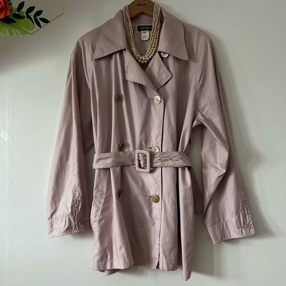 VTG 80s 90s SPRING French Connection trench coat belted mauve lavender EUC dbl - Picture 3 of 13